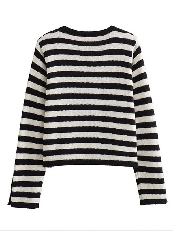 Pleteni prugasti kardigan, ženski jednoredni, ležerni, osnovni univerzalni pleteni predmeti Ženska jesenska moda 2023., skraćeni pulover s O-izrezom