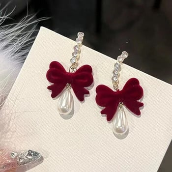 Модни кадифени виненочервени обеци с панделка за жени Дълги перлени обеци с циркон Сватбено парти Бижута Подарък Естетичен Pendiente Muje