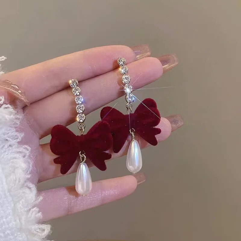 Modes samta vīna sarkani tauriņu auskari sievietēm gari cirkona pērļu auskari kāzu ballītes rotaslietas dāvana estētiska Pendiente Muje