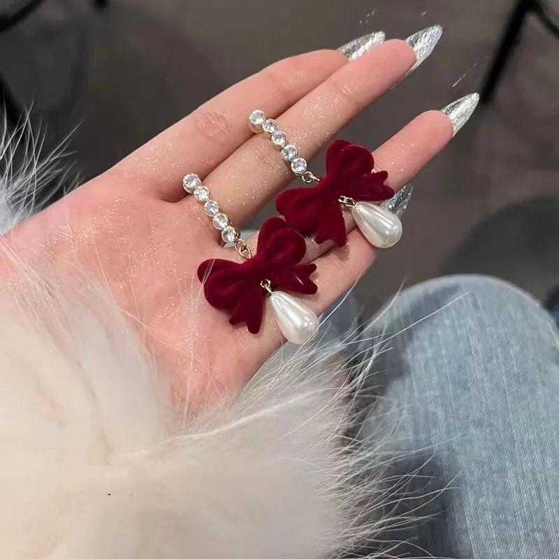 Modes samta vīna sarkani tauriņu auskari sievietēm gari cirkona pērļu auskari kāzu ballītes rotaslietas dāvana estētiska Pendiente Muje