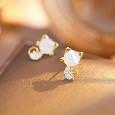 New Korean Fashion Charm Natural Opal Stud σκουλαρίκι για γυναίκες Γυαλιστερά σκουλαρίκια κουνελιού ζιργκόν Δώρα κοσμήματα χαριτωμένα γατάκια