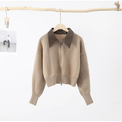 Chic pleteni kardigan, ženski PU otvoreni ovratnik, ženski široki pulover s dugim rukavima, jesen 2023., korejski ženski gornji dio s dvostrukim patentnim zatvaračem