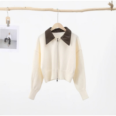 Chic pleteni kardigan, ženski PU otvoreni ovratnik, ženski široki pulover s dugim rukavima, jesen 2023., korejski ženski gornji dio s dvostrukim patentnim zatvaračem