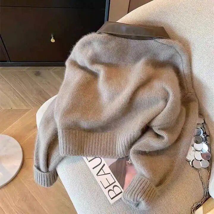 Chic pleteni kardigan, ženski PU otvoreni ovratnik, ženski široki pulover s dugim rukavima, jesen 2023., korejski ženski gornji dio s dvostrukim patentnim zatvaračem