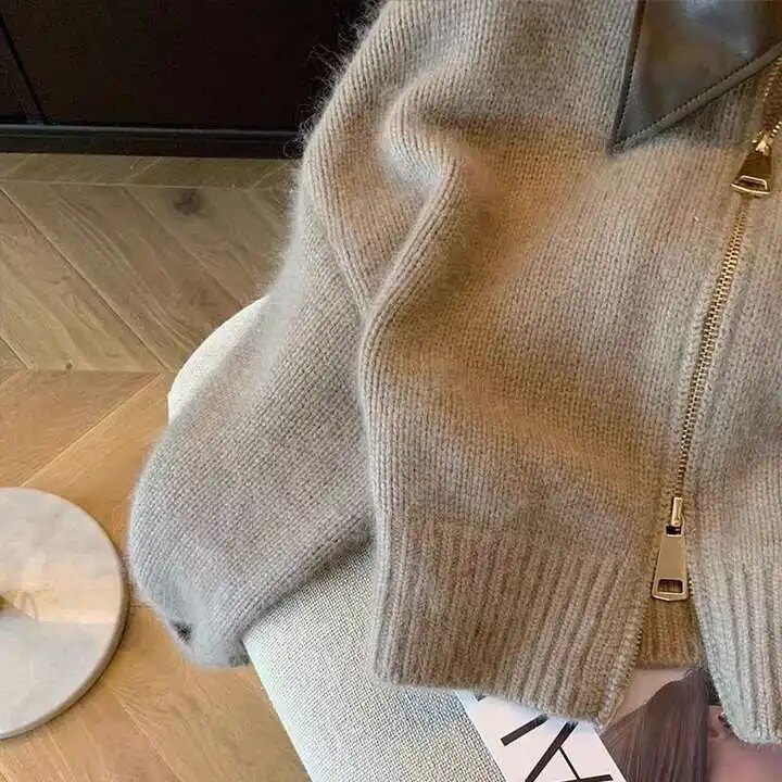 Chic pleteni kardigan, ženski PU otvoreni ovratnik, ženski široki pulover s dugim rukavima, jesen 2023., korejski ženski gornji dio s dvostrukim patentnim zatvaračem