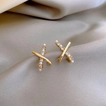 Луксозни модни малки кръстчета X-образни перлени обеци с циркон за жени Изящни необичайни аксесоари Луксозни бижута за сватбено тържество
