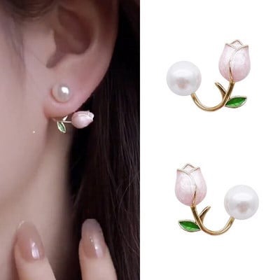 Fashion Luxury Pink Tulip Flowers Pearl Stud σκουλαρίκια Sweet Heart Rose Floral μαργαριτάρι σκουλαρίκια για γυναίκες Κοσμήματα γάμου