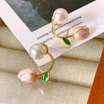 Modes Luksusa Rozā tulpju ziedi Pērļu auskari Sweet Heart Rose Ziedu pērļu auskari sievietēm Kāzu ballīšu rotaslietas