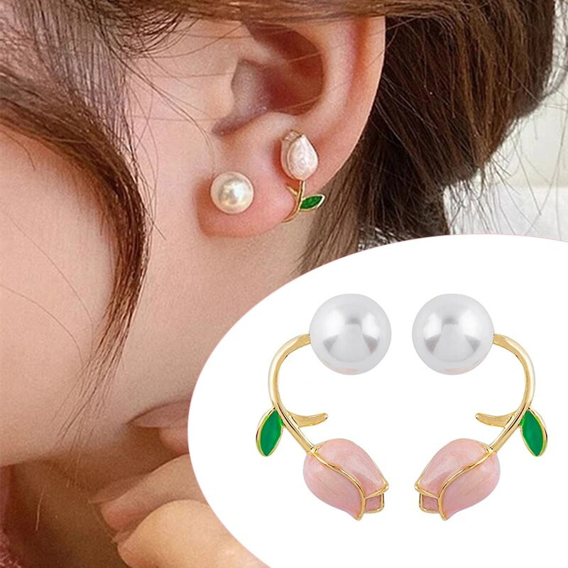 Modes Luksusa Rozā tulpju ziedi Pērļu auskari Sweet Heart Rose Ziedu pērļu auskari sievietēm Kāzu ballīšu rotaslietas