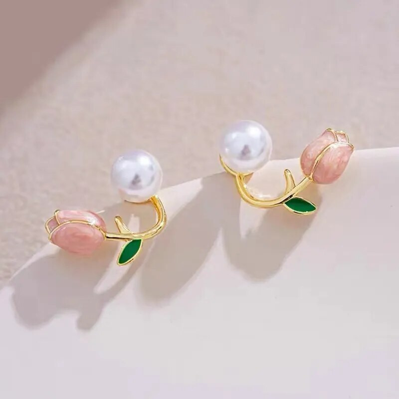 Modes Luksusa Rozā tulpju ziedi Pērļu auskari Sweet Heart Rose Ziedu pērļu auskari sievietēm Kāzu ballīšu rotaslietas