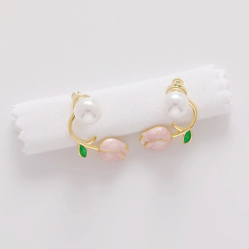 Modes Luksusa Rozā tulpju ziedi Pērļu auskari Sweet Heart Rose Ziedu pērļu auskari sievietēm Kāzu ballīšu rotaslietas