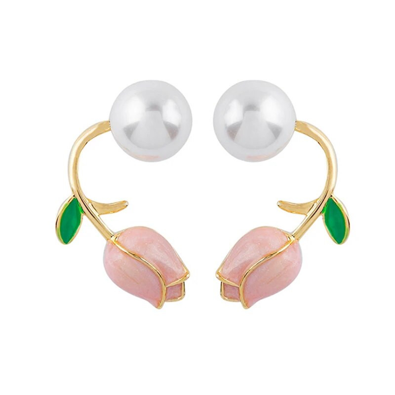 Modes Luksusa Rozā tulpju ziedi Pērļu auskari Sweet Heart Rose Ziedu pērļu auskari sievietēm Kāzu ballīšu rotaslietas