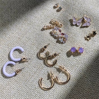 Boho Purple Butterfly Flower Star Mini Stud Earrings Set for Women Корейска мода Обръч Метални акрилни перлени обеци Парти бижута