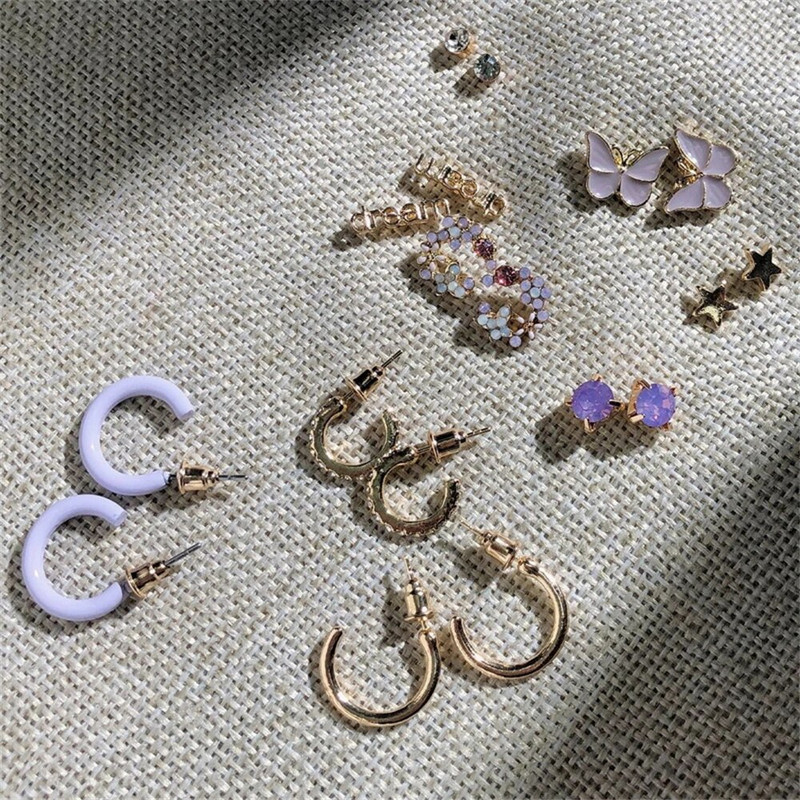Boho ljubičasta leptir cvjetna zvijezda Mini set naušnica za žene Korejski modni obruč Metalne akrilne biserne naušnice Nakit za zabave