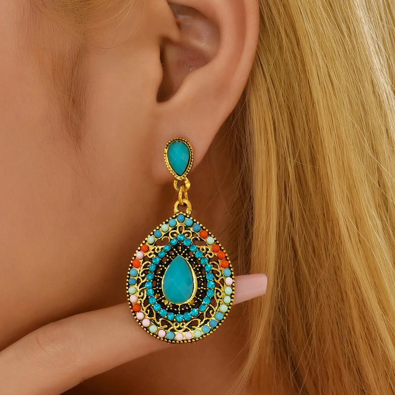 Etniskā greznība, lieli kulonu auskari, smaragda kristāla auskari, dāmu auskari, aksesuāri, dāvanas svētkos, kāzu auskari