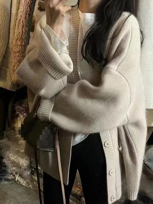 Ženski jednobojni preveliki pleteni džemper s jednim kopčanjem, kardigan s džepovima i dugim rukavima, ležeran široki kaput od pletiva jesen-zima