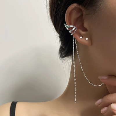 Punk Asymmetry Long Chain Cuff Auskari Cross Pušķis Pīrsings Ear Clip Stud Stud Auskars Sievietēm Sudraba krāsas Ausu aproces rotaslietas Dāvana