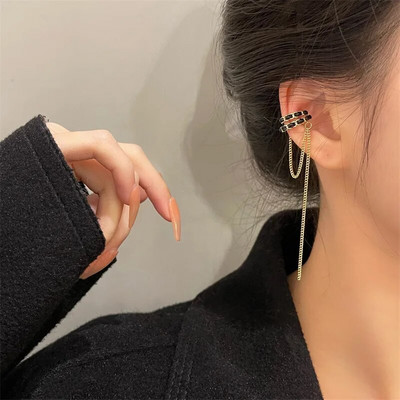 Punk Asymmetry Long Chain Cuff Auskari Cross Pušķis Pīrsings Ear Clip Stud Stud Auskars Sievietēm Sudraba krāsas Ausu aproces rotaslietas Dāvana