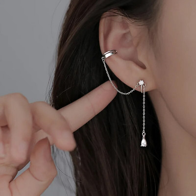 Punk Asymmetry Long Chain Cuff Auskari Cross Pušķis Pīrsings Ear Clip Stud Stud Auskars Sievietēm Sudraba krāsas Ausu aproces rotaslietas Dāvana