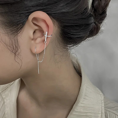 Punk Asymmetry Long Chain Cuff Auskari Cross Pušķis Pīrsings Ear Clip Stud Stud Auskars Sievietēm Sudraba krāsas Ausu aproces rotaslietas Dāvana