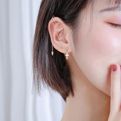 Punk Asymmetry Long Chain Cuff Auskari Cross Pušķis Pīrsings Ear Clip Stud Stud Auskars Sievietēm Sudraba krāsas Ausu aproces rotaslietas Dāvana