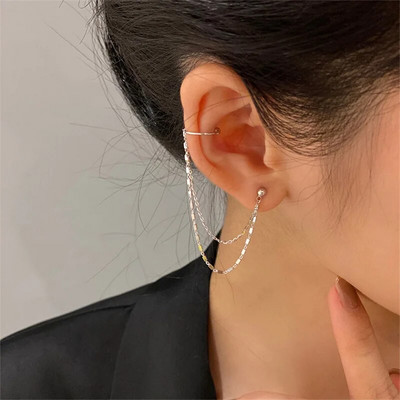 Punk Asymmetry Long Chain Cuff Auskari Cross Pušķis Pīrsings Ear Clip Stud Stud Auskars Sievietēm Sudraba krāsas Ausu aproces rotaslietas Dāvana