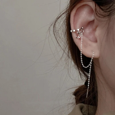 Punk Asymmetry Long Chain Cuff Auskari Cross Pušķis Pīrsings Ear Clip Stud Stud Auskars Sievietēm Sudraba krāsas Ausu aproces rotaslietas Dāvana