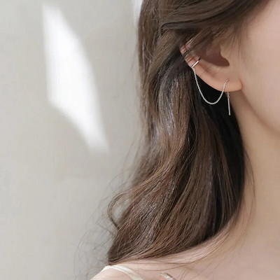 Punk Asymmetry Long Chain Cuff Auskari Cross Pušķis Pīrsings Ear Clip Stud Stud Auskars Sievietēm Sudraba krāsas Ausu aproces rotaslietas Dāvana