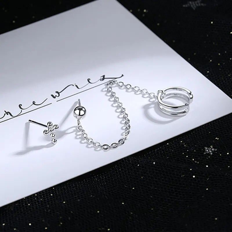 Punk Asymmetry Long Chain Cuff Auskari Cross Pušķis Pīrsings Ear Clip Stud Stud Auskars Sievietēm Sudraba krāsas Ausu aproces rotaslietas Dāvana