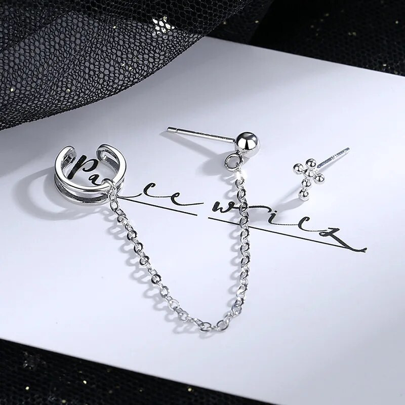 Punk Asymmetry Long Chain Cuff Auskari Cross Pušķis Pīrsings Ear Clip Stud Stud Auskars Sievietēm Sudraba krāsas Ausu aproces rotaslietas Dāvana