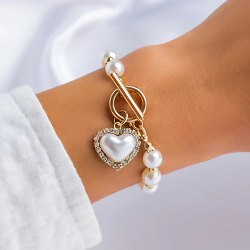 Lacteo Винтидж Гривна с имитация на перли на сърце Дамски златен цвят OT Закопчалка Чар Гривна на ръка Бижута Сватбени дамски подаръци Нови