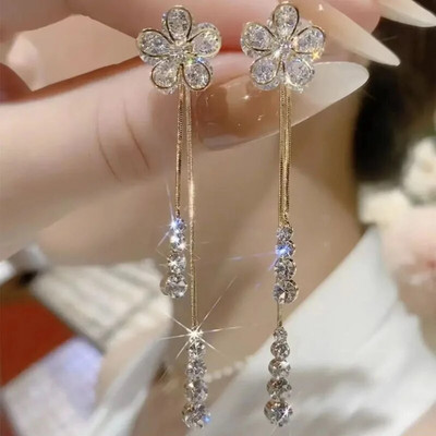 Korejiešu modes kristāla garie auskari sievietēm ar ziedu Rhinestone Kāzu kulonu auskari Modes rotaslietas auskari Pendiente Mujer