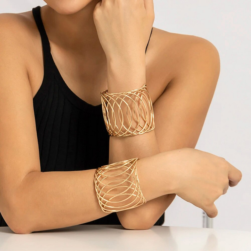 Lacteo Modna narukvica sa širokim manžetama Metalni šuplji krug Otvorena narukvica za žene Dame Podesivi nakit Vjenčani darovi Novo