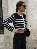Ženski modni džemper Kardigan Bijeli crni prugasti pleteni džemper 2023 Jesen Zima Kratki kardigan Ženski kardigan dugih rukava