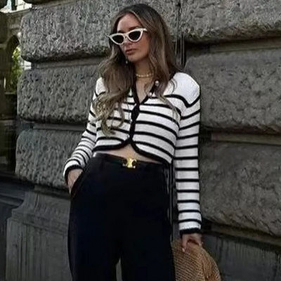 Ženski modni džemper Kardigan Bijeli crni prugasti pleteni džemper 2023 Jesen Zima Kratki kardigan Ženski kardigan dugih rukava