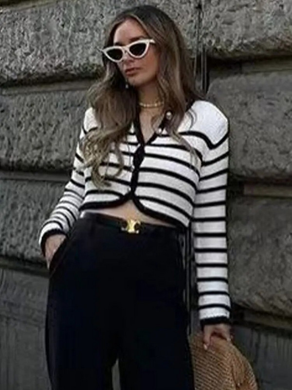 Ženski modni džemper Kardigan Bijeli crni prugasti pleteni džemper 2023 Jesen Zima Kratki kardigan Ženski kardigan dugih rukava