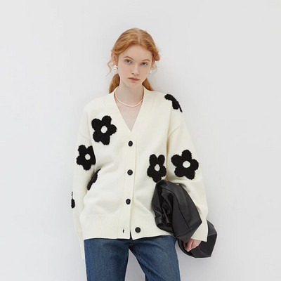 2023-as őszi téli vintage V-nyakú kötés, hosszú ujjú kardigánok női, édes virágmintás, egysoros női bő pulóver