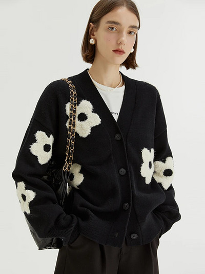 2023-as őszi téli vintage V-nyakú kötés, hosszú ujjú kardigánok női, édes virágmintás, egysoros női bő pulóver