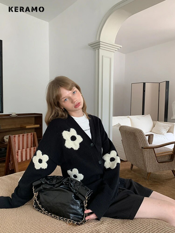 2023-as őszi téli vintage V-nyakú kötés, hosszú ujjú kardigánok női, édes virágmintás, egysoros női bő pulóver