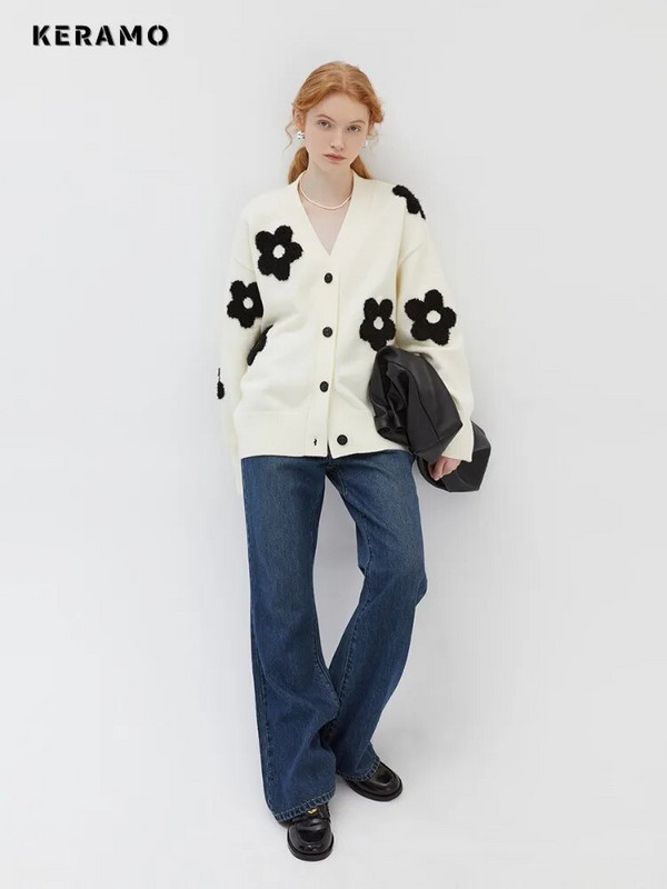 2023-as őszi téli vintage V-nyakú kötés, hosszú ujjú kardigánok női, édes virágmintás, egysoros női bő pulóver