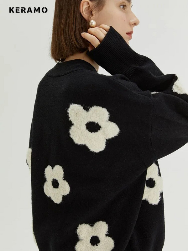 2023-as őszi téli vintage V-nyakú kötés, hosszú ujjú kardigánok női, édes virágmintás, egysoros női bő pulóver