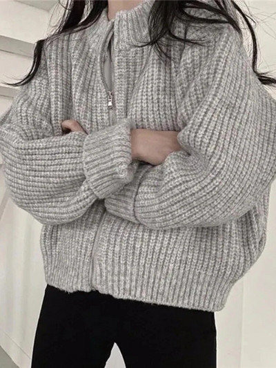 Jesen Zimski džemperi Ženski Harajuku skraćeni pleteni kardigan Ženski labavi kaput s patentnim zatvaračem dugih rukava Ženska ležerna jednobojna pletenina