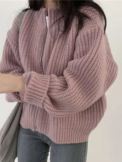 Jesen Zimski džemperi Ženski Harajuku skraćeni pleteni kardigan Ženski labavi kaput s patentnim zatvaračem dugih rukava Ženska ležerna jednobojna pletenina