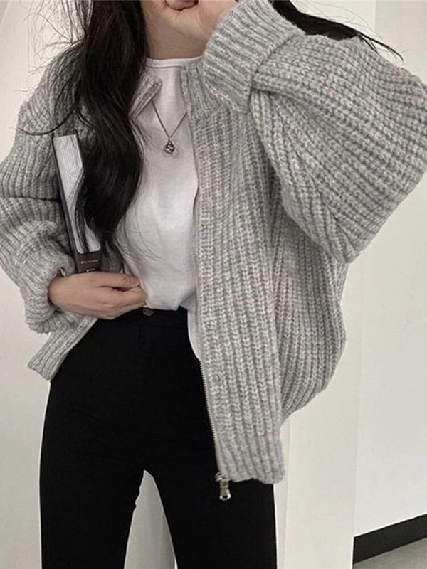 Jesen Zimski džemperi Ženski Harajuku skraćeni pleteni kardigan Ženski labavi kaput s patentnim zatvaračem dugih rukava Ženska ležerna jednobojna pletenina