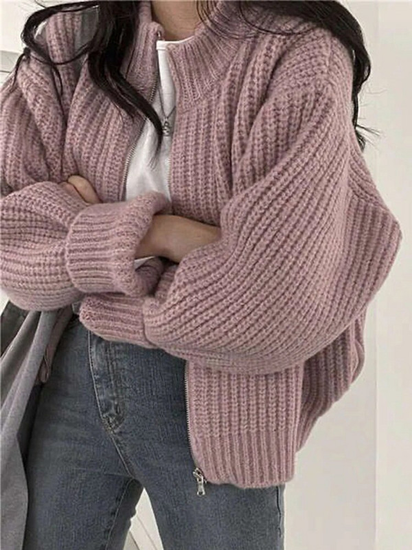 Jesen Zimski džemperi Ženski Harajuku skraćeni pleteni kardigan Ženski labavi kaput s patentnim zatvaračem dugih rukava Ženska ležerna jednobojna pletenina