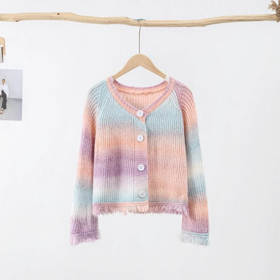 Korejas pušķu džemperis jaciņš, sieviešu Harajuku, brīvs īss džempera mētelis ar O-kaklu, 2023. gada rudens kaklasaites krāsas sieviešu, salda trikotāžas jaka