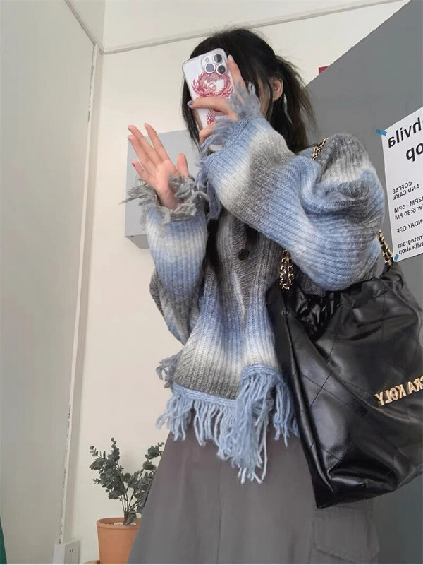 Korejas pušķu džemperis jaciņš, sieviešu Harajuku, brīvs īss džempera mētelis ar O-kaklu, 2023. gada rudens kaklasaites krāsas sieviešu, salda trikotāžas jaka