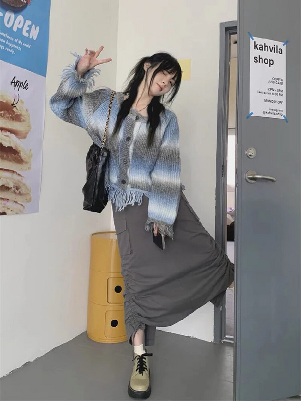 Korejas pušķu džemperis jaciņš, sieviešu Harajuku, brīvs īss džempera mētelis ar O-kaklu, 2023. gada rudens kaklasaites krāsas sieviešu, salda trikotāžas jaka