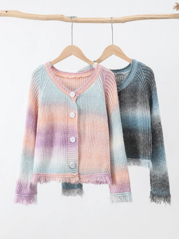 Korejas pušķu džemperis jaciņš, sieviešu Harajuku, brīvs īss džempera mētelis ar O-kaklu, 2023. gada rudens kaklasaites krāsas sieviešu, salda trikotāžas jaka