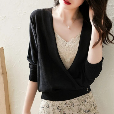 Ženski Ljeto Jesen Tanki pulover Kardigani V izrez Ženski seksi prozirni šik gornja odjeća Sleganje ramenima